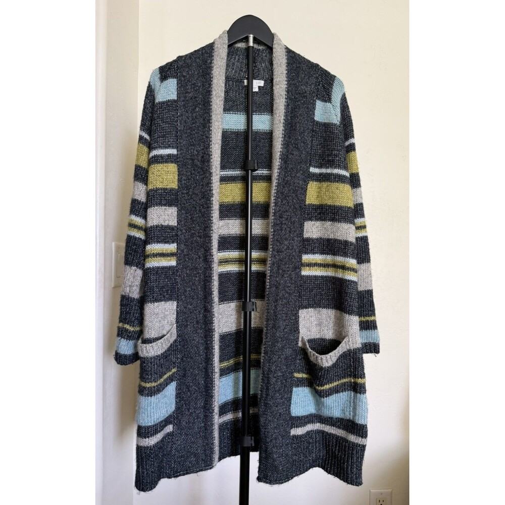 J Jill Striped Longline Open Cardigan Duster S Chartreuse Charcoal Cozy Boho